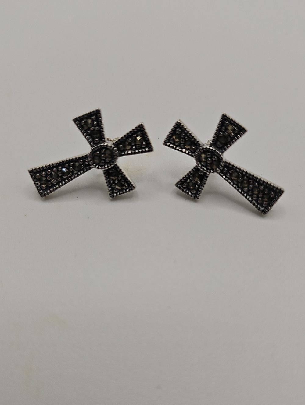 Sterling Silver Marcasite Cross Stud Earings FAS. Signed 925 In Earings And Back